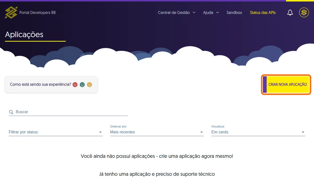 Tela Aplicações do Portal Developers BB com o botão Criar Nova Aplicação destacado