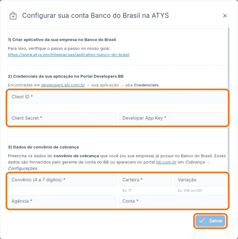 Janela Configurar sua conta Banco do Brasil na ATYS com os campos de credenciais, os dados do convênio e o botão Salvar destacados