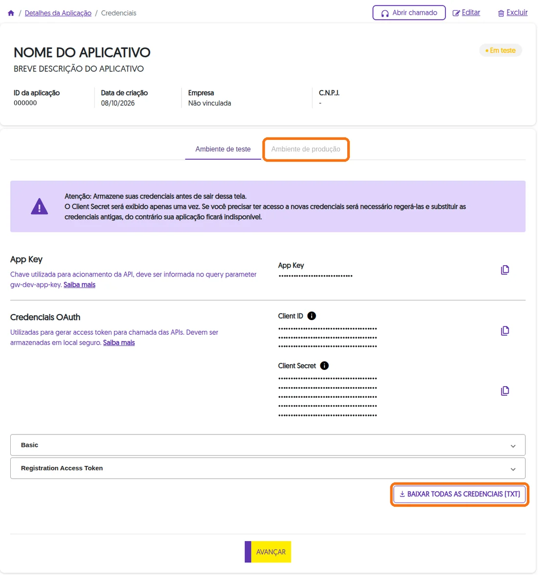 Tela Credenciais com a aba Ambiente de produção e o botão Baixar todas as credenciais (TXT) destacados; App Key, Client ID e Client Secret mascarados