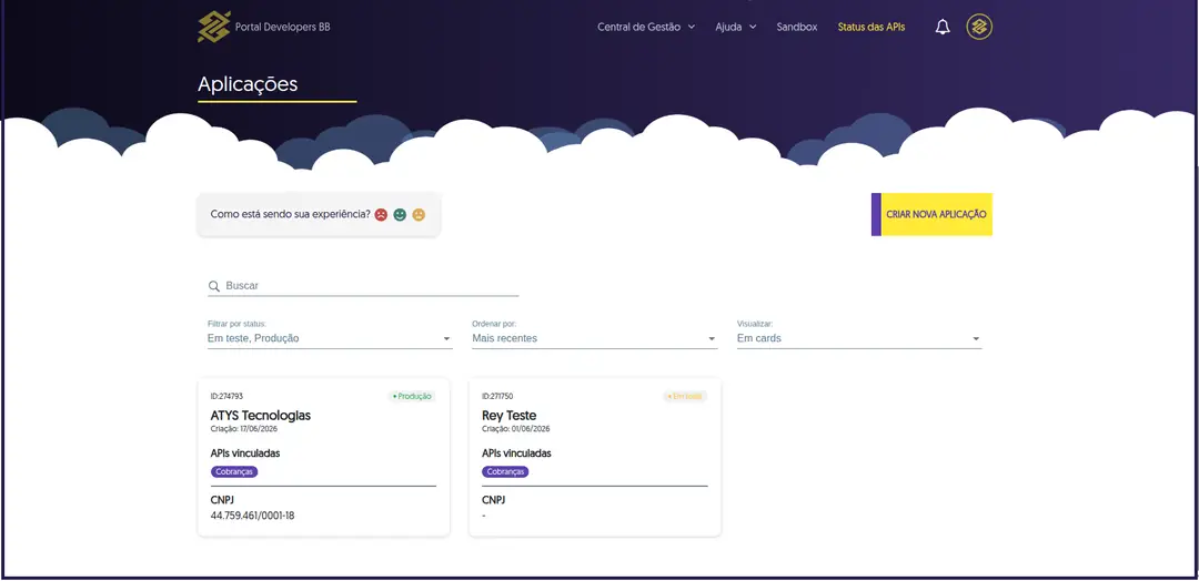 Tela Aplicações do Portal Developers BB com o botão Criar Nova Aplicação