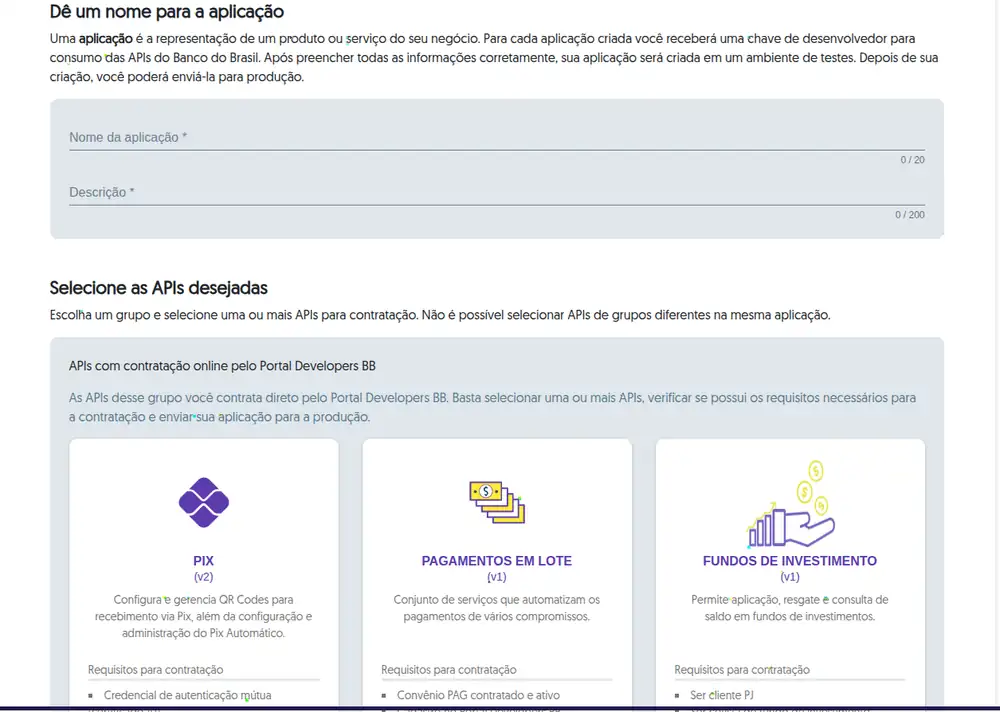 Campos de nome e descrição da aplicação no Portal Developers BB