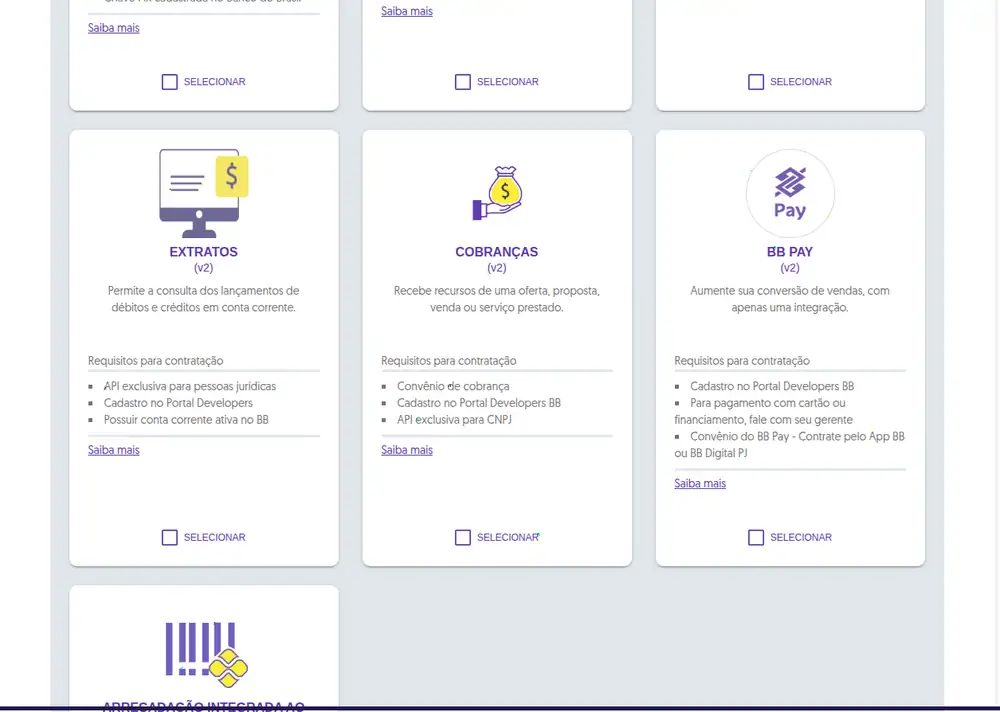 Cartão Cobranças (V2) na seleção de APIs do Portal Developers BB