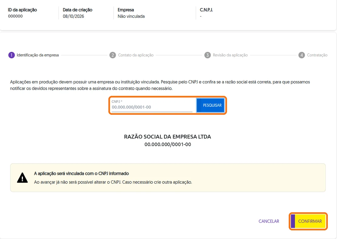 Etapa Identificação da empresa com o campo CNPJ, o botão Pesquisar e o botão Confirmar destacados