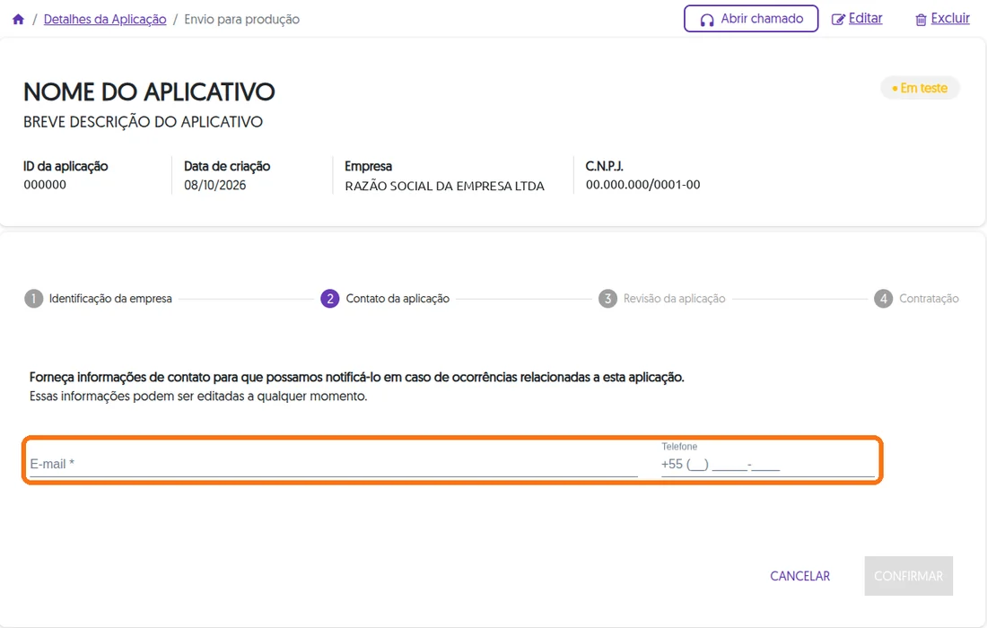 Etapa Contato da aplicação com os campos E-mail e Telefone destacados