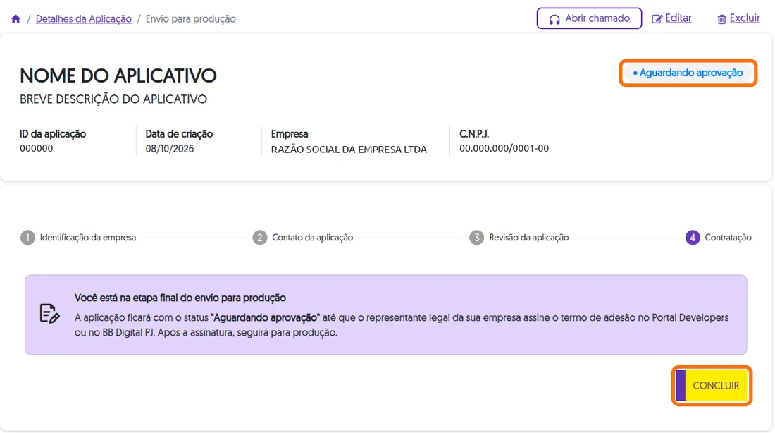Etapa Contratação com o status Aguardando aprovação e o botão Concluir destacados