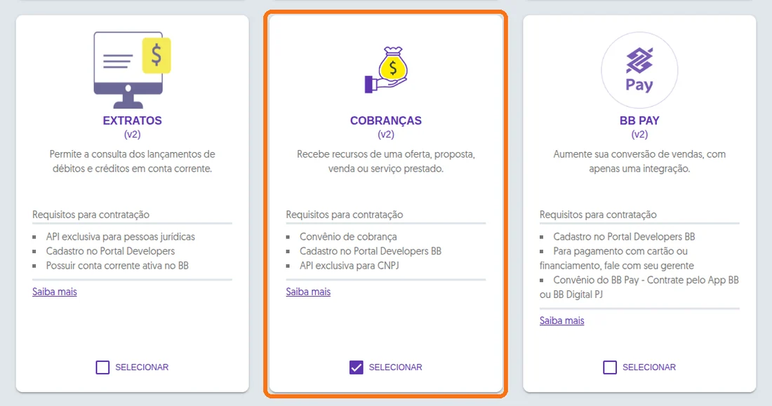 Cartão Cobranças (V2) destacado e marcado, entre os cartões Extratos e BB Pay