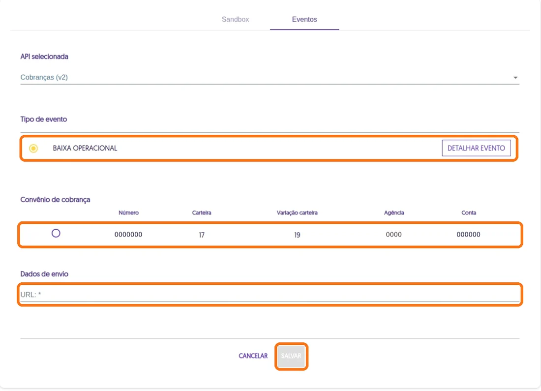 Formulário de cadastro do evento de webhook com Baixa operacional, a linha do convênio, o campo URL e o botão Salvar destacados