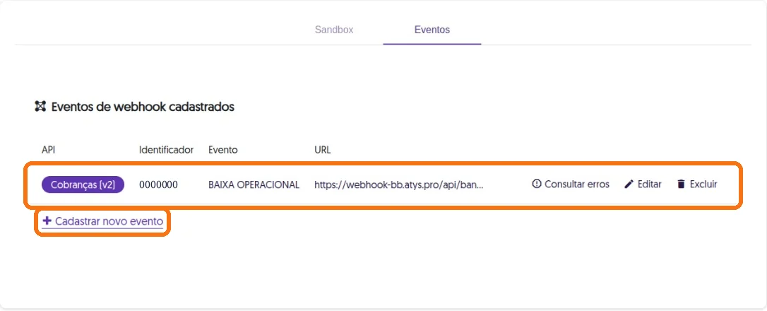 Aba Eventos da tela Webhook com a lista de eventos cadastrados e o link Cadastrar novo evento destacados