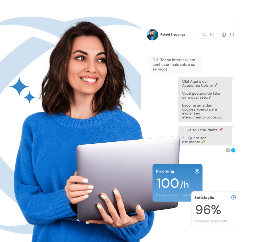 Empreendedora sorrindo com notebook, com dashboard de atendimento ao fundo