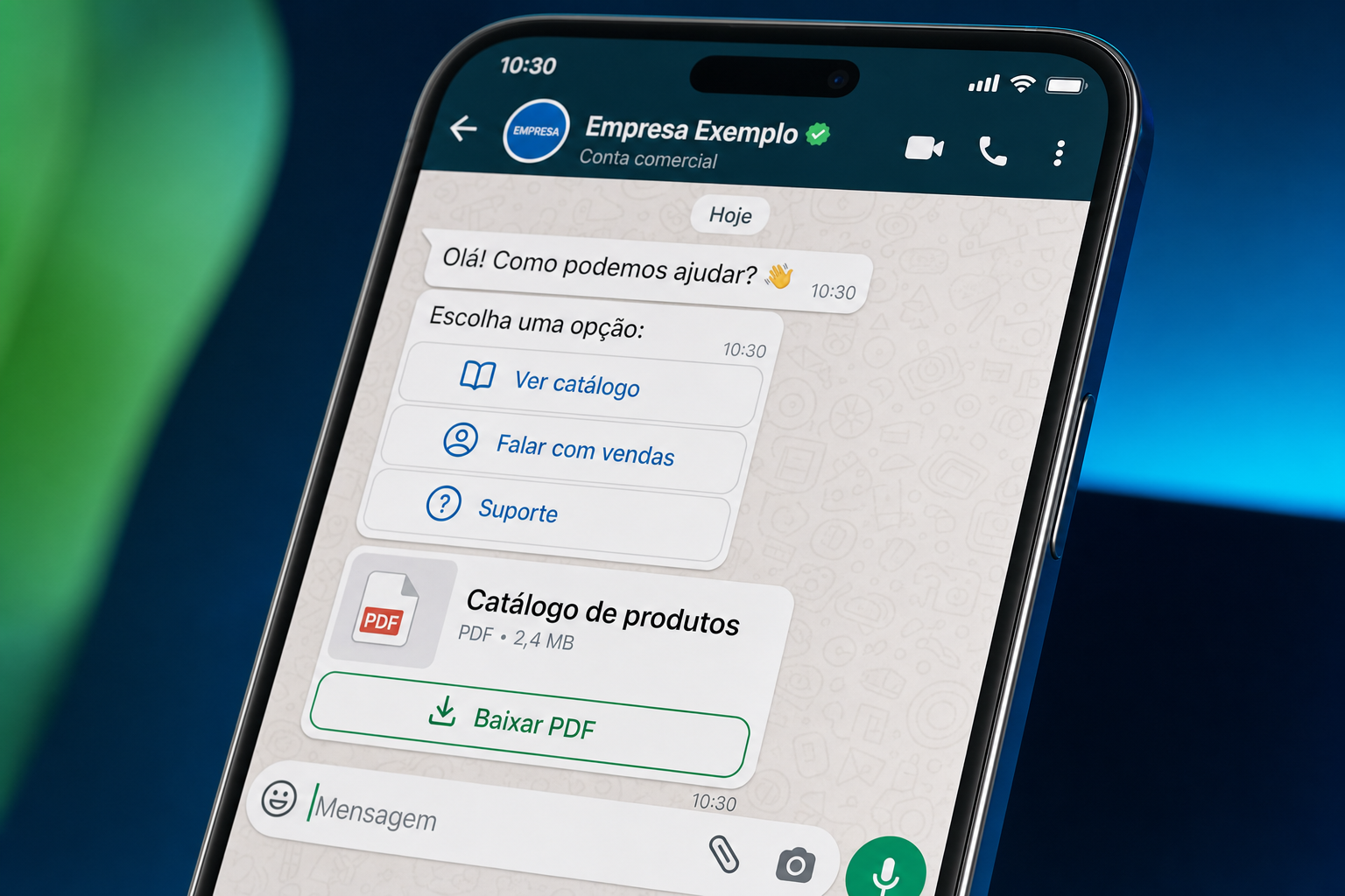 Interface de conversa no WhatsApp com botões interativos e envio automático de catálogo em PDF