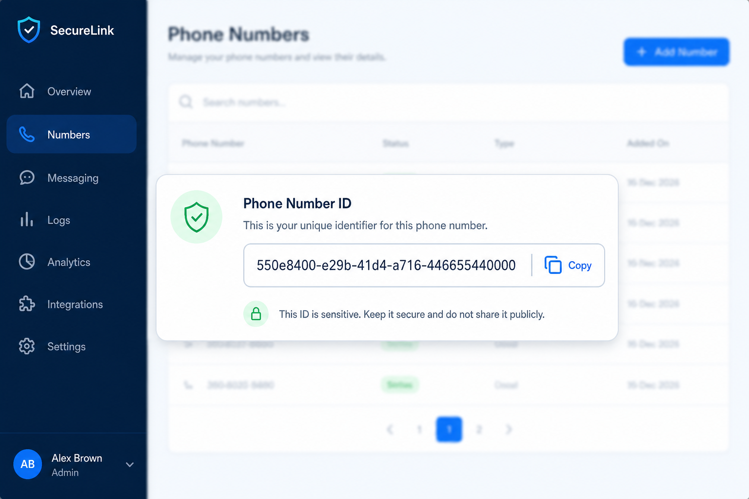 Campo Phone Number ID em destaque com botão de copiar ao lado