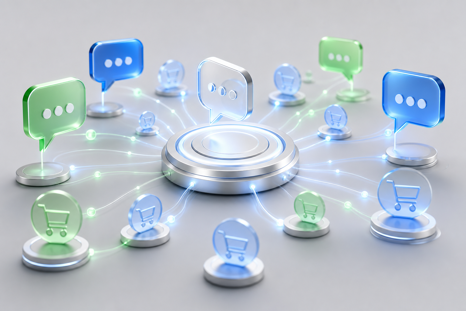 Metáfora visual de organização omnichannel com mensagens e carrinhos conectados a uma plataforma central