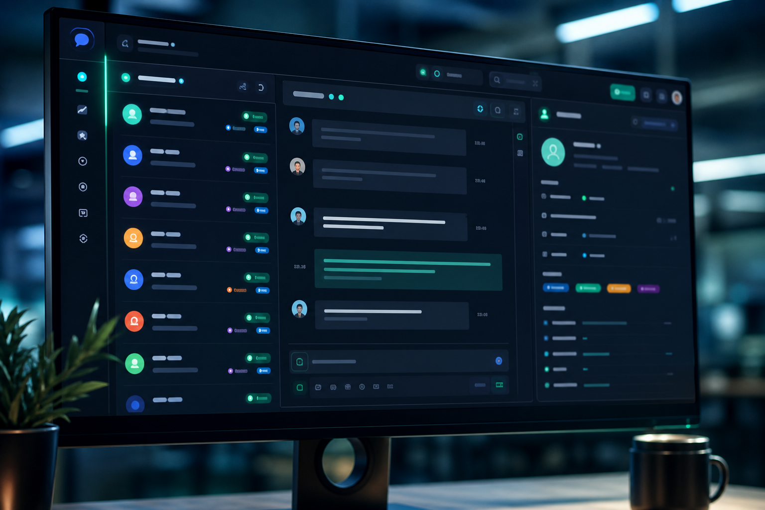 Monitor exibindo painel de atendimento organizado por colunas e etiquetas coloridas