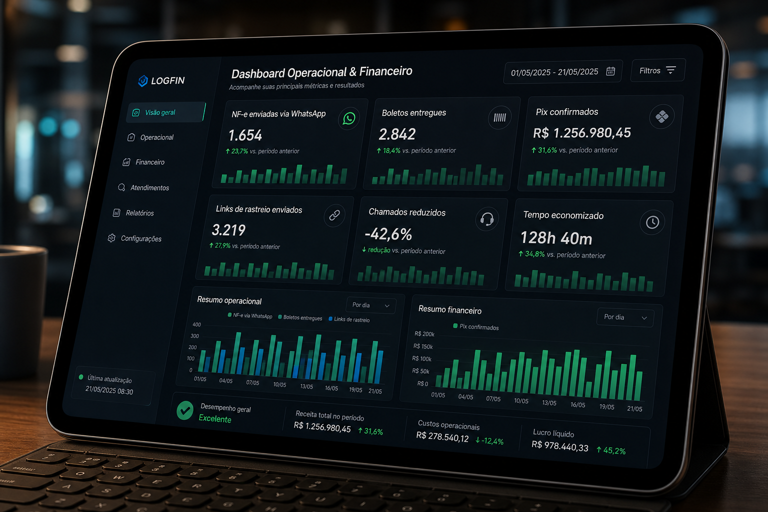 Dashboard operacional com NF-e enviadas via WhatsApp, boletos entregues, Pix confirmados e links de rastreio