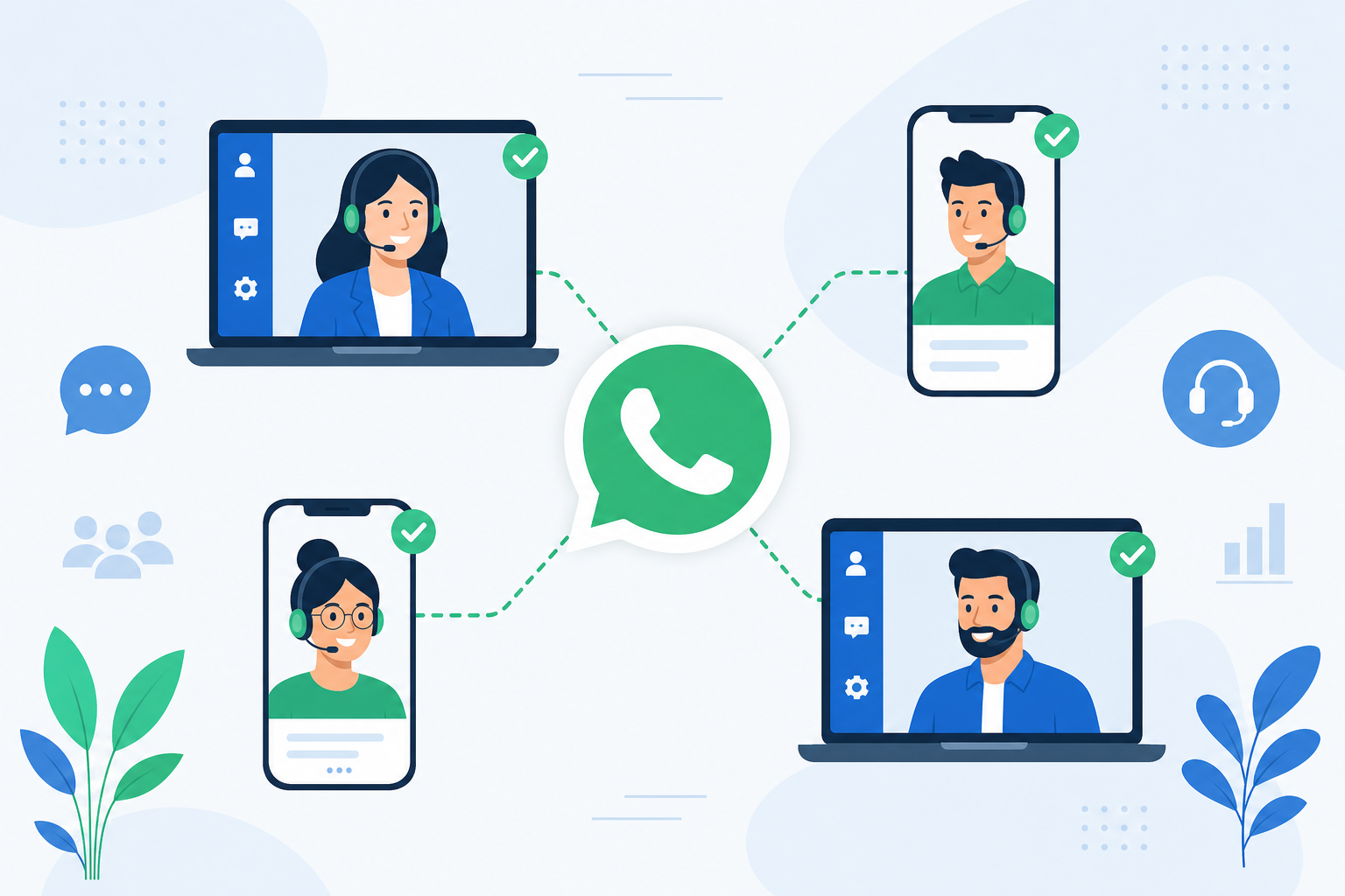 Ícone de WhatsApp conectado a vários atendentes em laptops e celulares