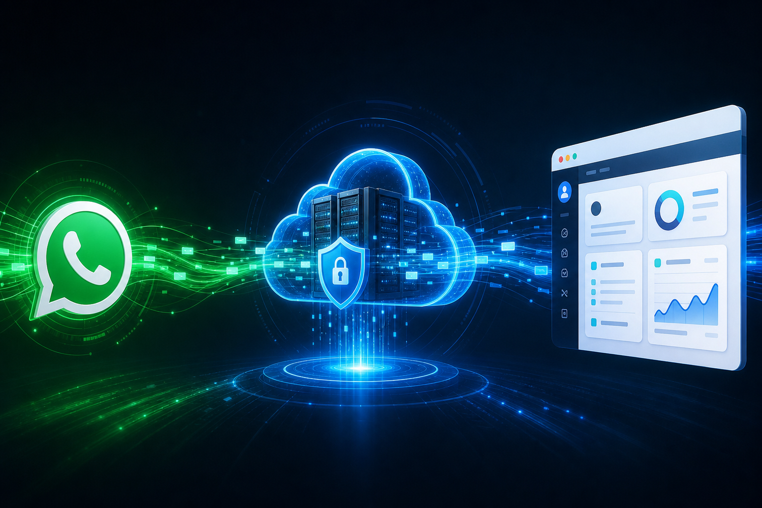 Fluxo de eventos do webhook conectando WhatsApp, nuvem segura da Meta e painel de CRM em tempo real