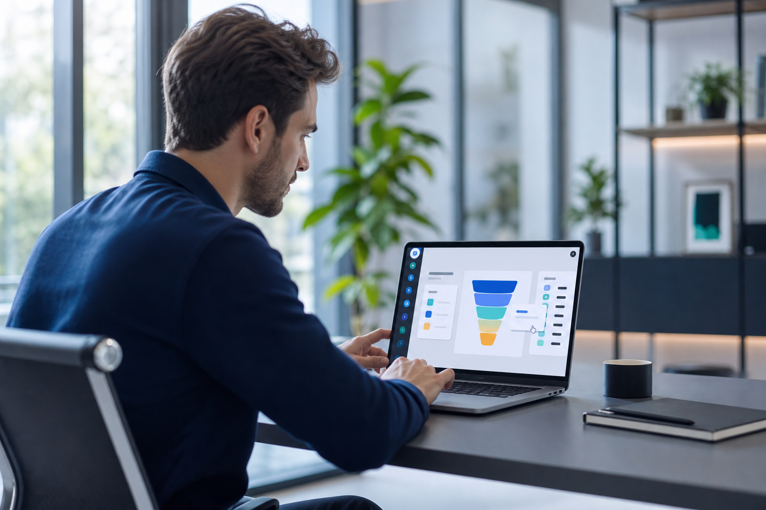 Vendedor analisando um funil de vendas visual e limpo no computador