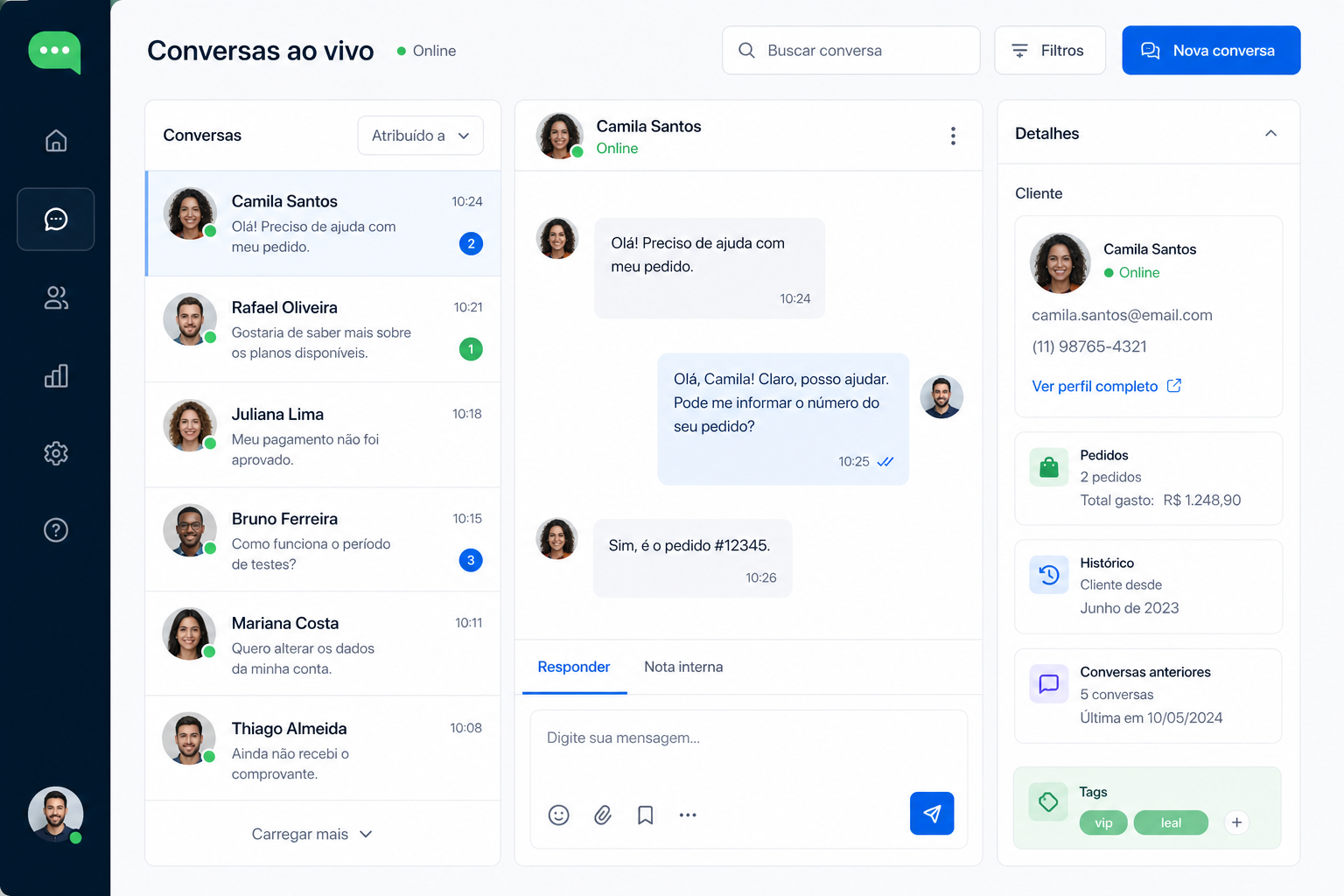 Painel de atendimento com conversas atribuídas a agentes diferentes