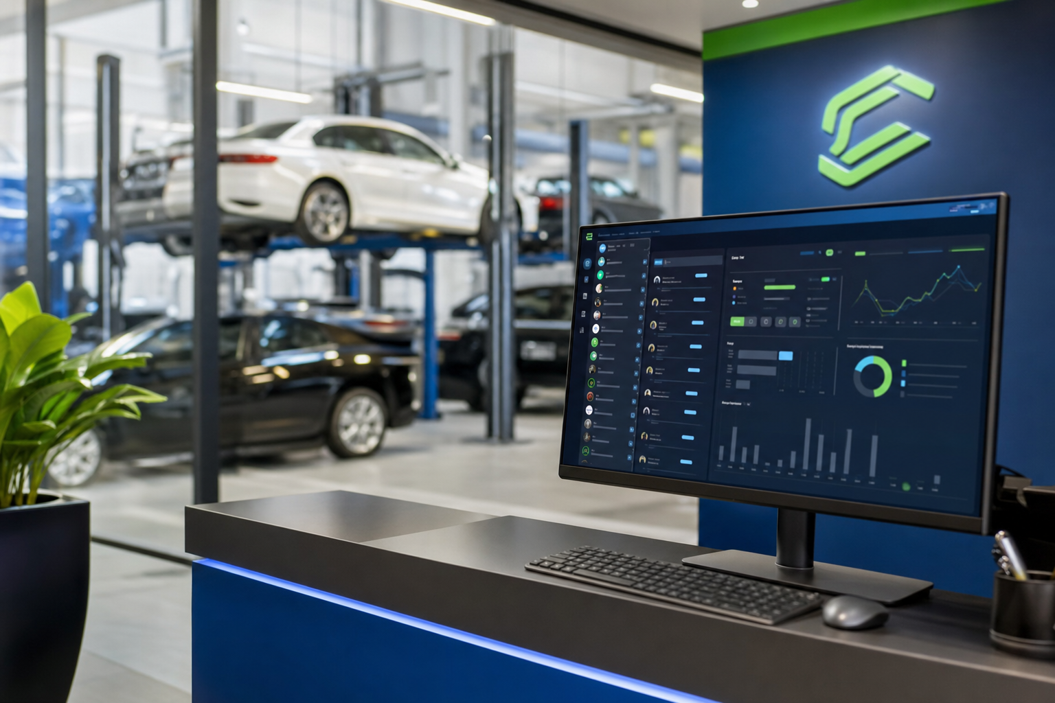 Central de atendimento de centro automotivo premium com dashboard