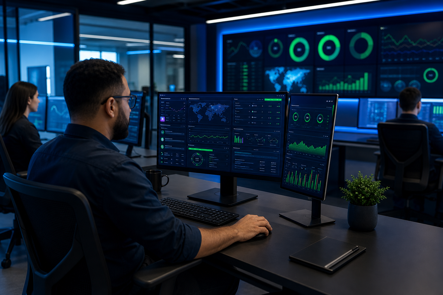 Centro de operações de TI NOC com tela de gestão de chamados