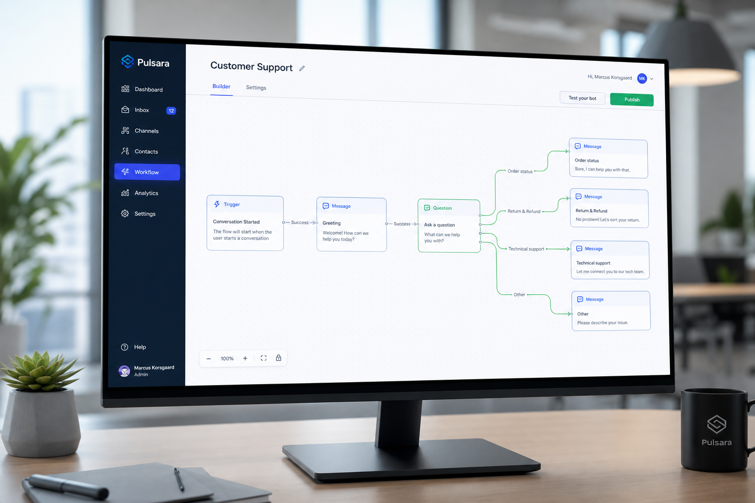 Interface visual de construção de fluxo de chatbot com caixas de texto interconectadas