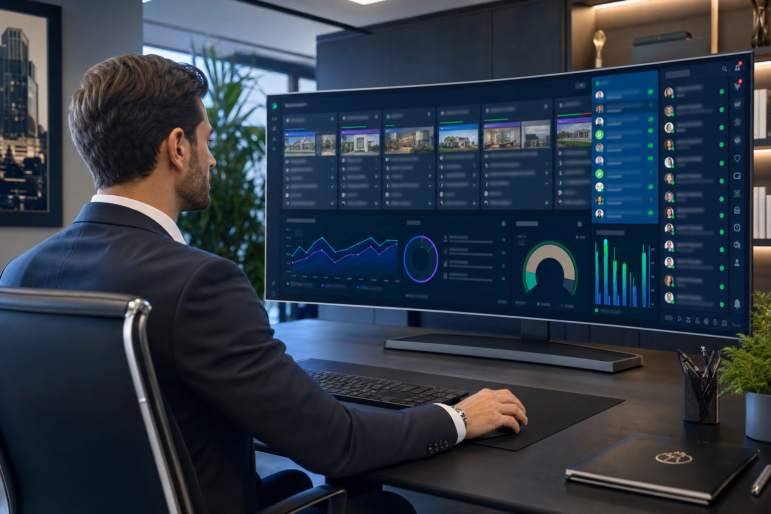 Corretor executivo analisando dashboard de vendas de imóveis
