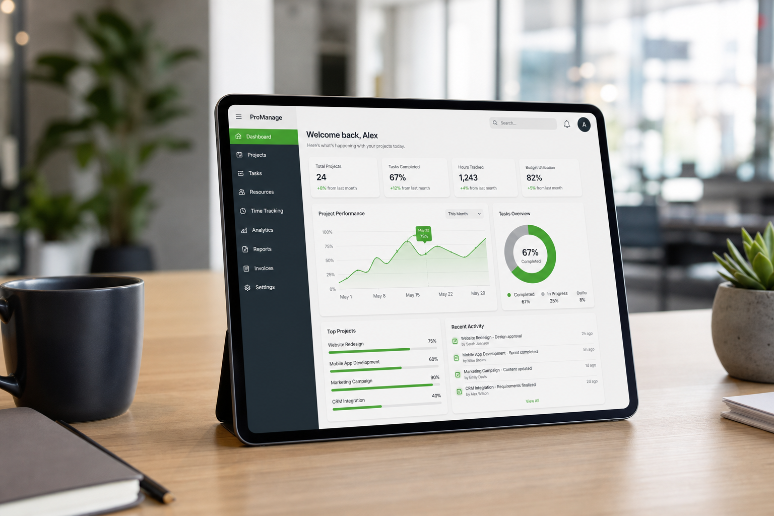 Tablet exibindo dashboard de métricas comerciais com gráficos de desempenho em tempo real