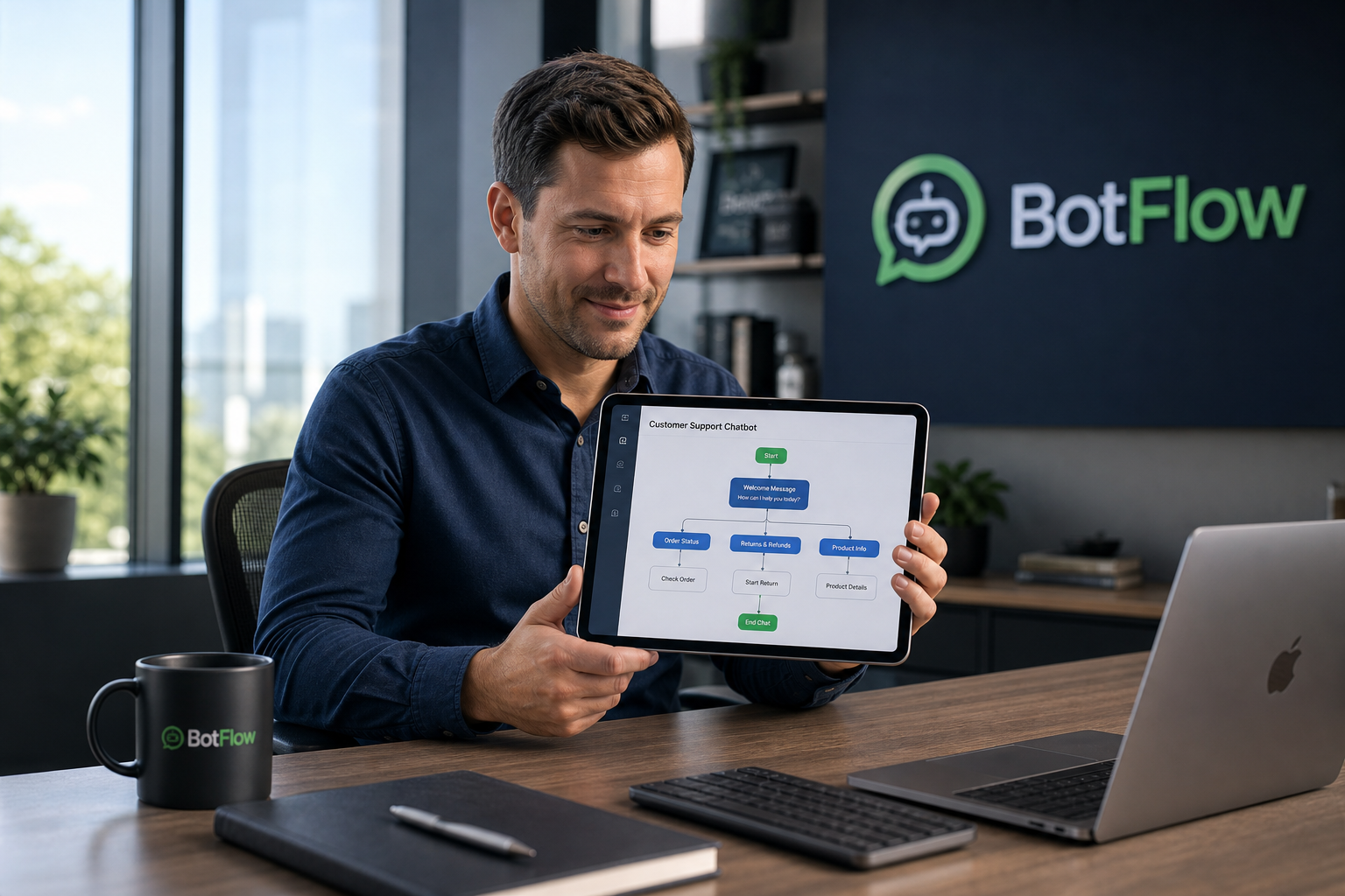 Empresário configurando fluxo de atendimento de forma simples no tablet