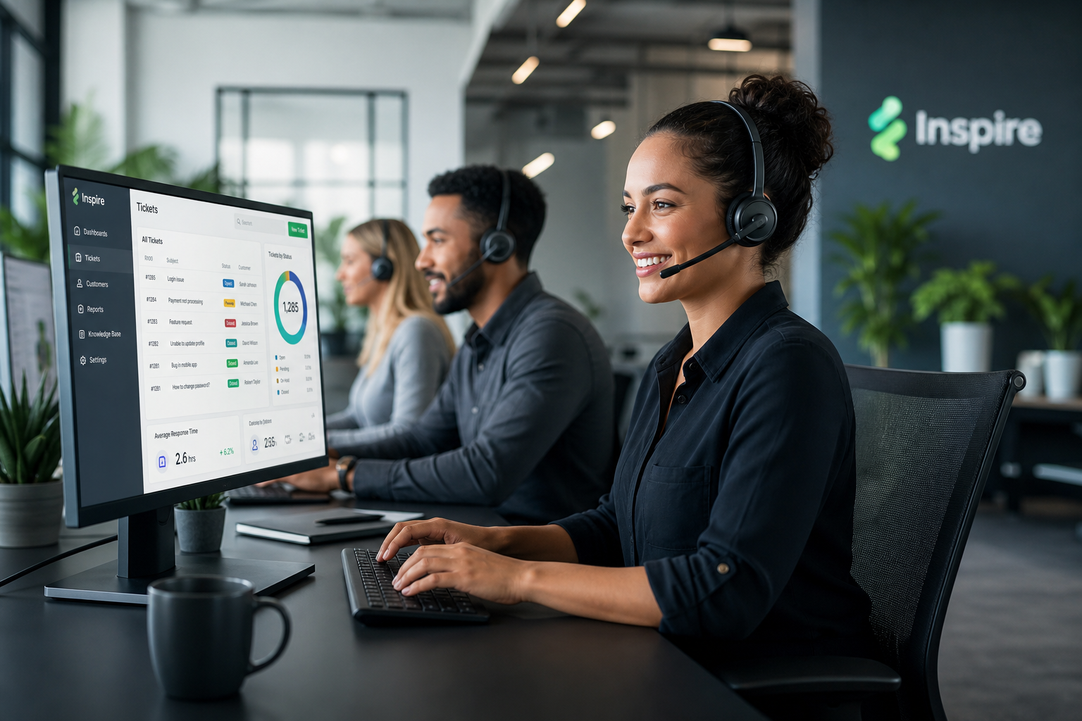 Equipe de atendimento trabalhando em harmonia com software profissional