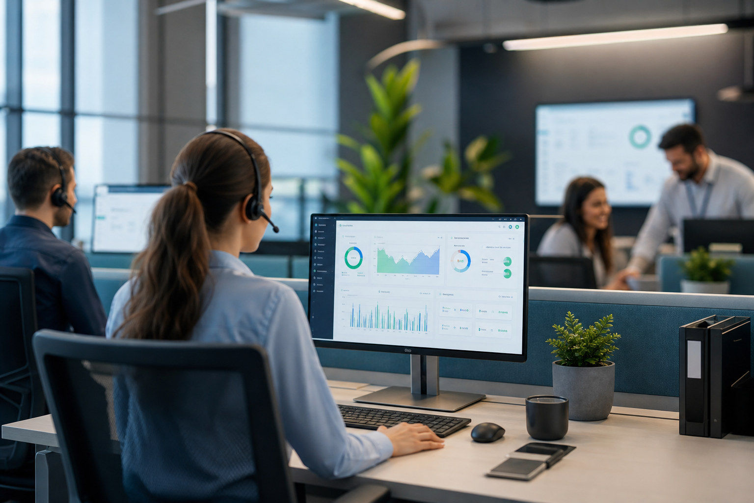 Equipe de suporte monitorando satisfação do cliente em dashboard