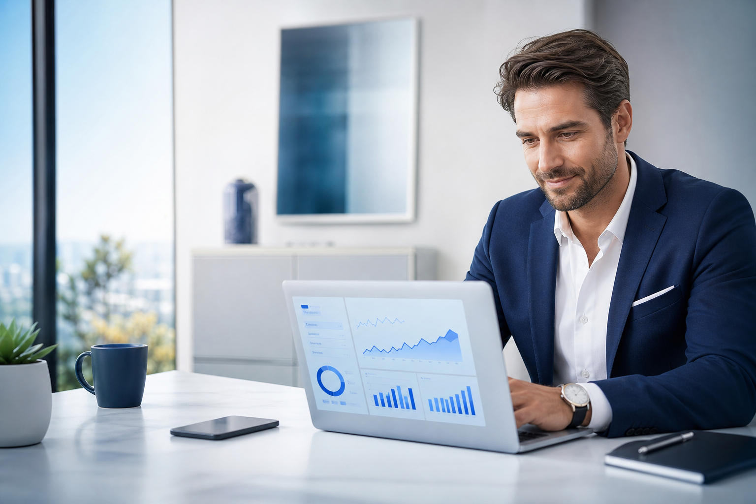 Gestor analisando gráficos de produtividade em escritório clean