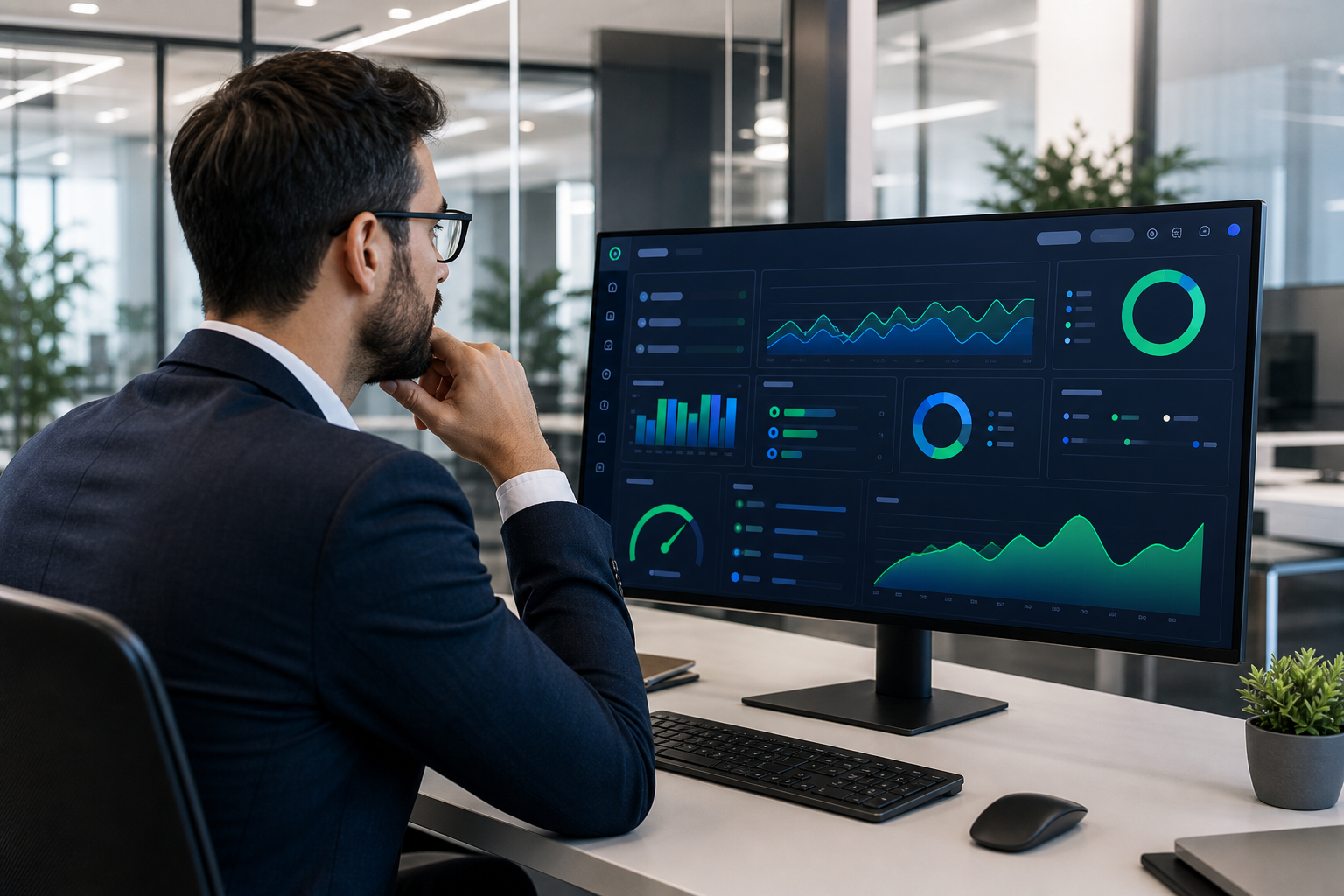 Gestor analisando métricas de atendimento em tempo real em um dashboard