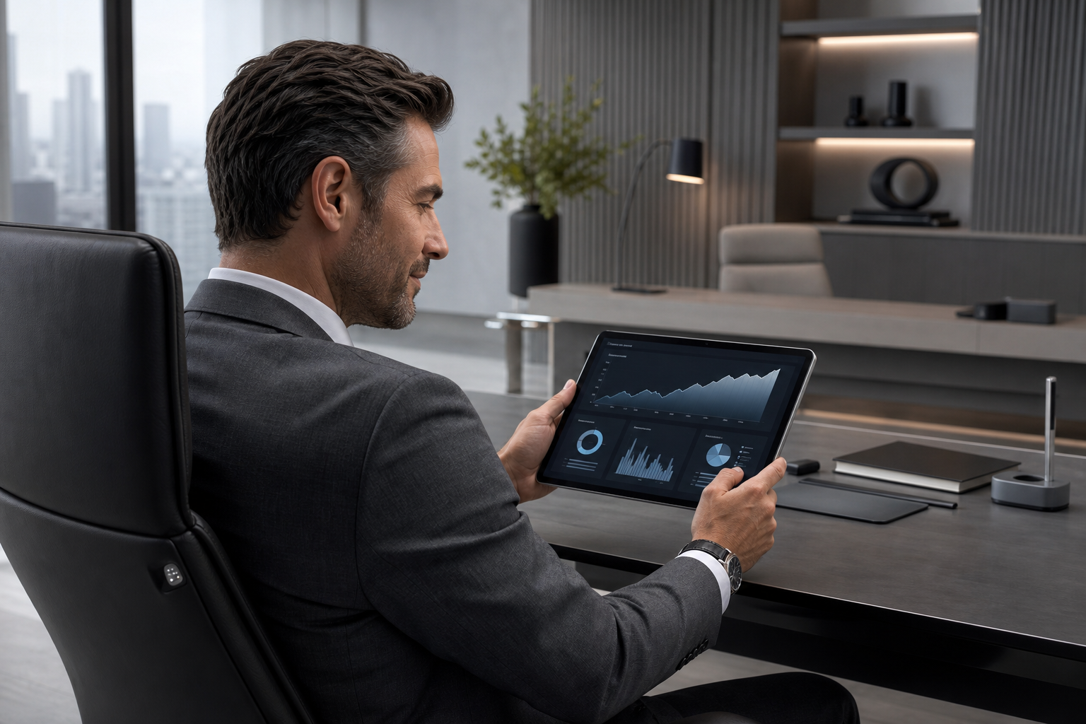 Gestor de operações analisando relatórios comerciais em tablet