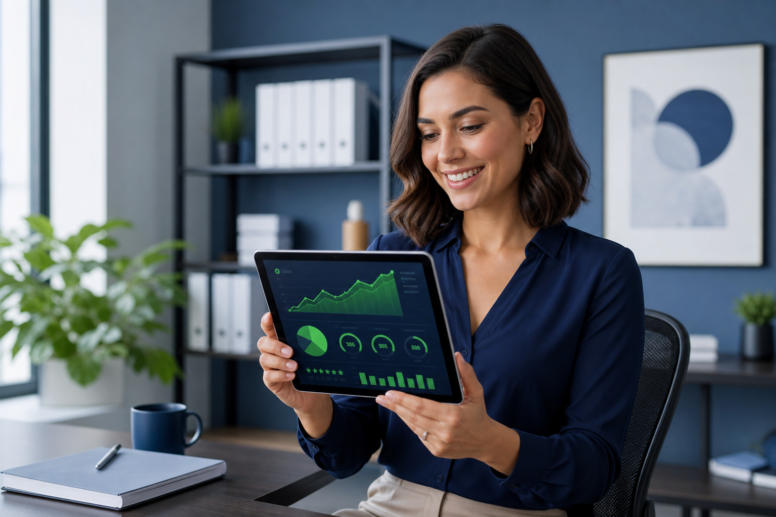 Gestora de pequena empresa acompanhando crescimento e eficiência da equipe em um tablet