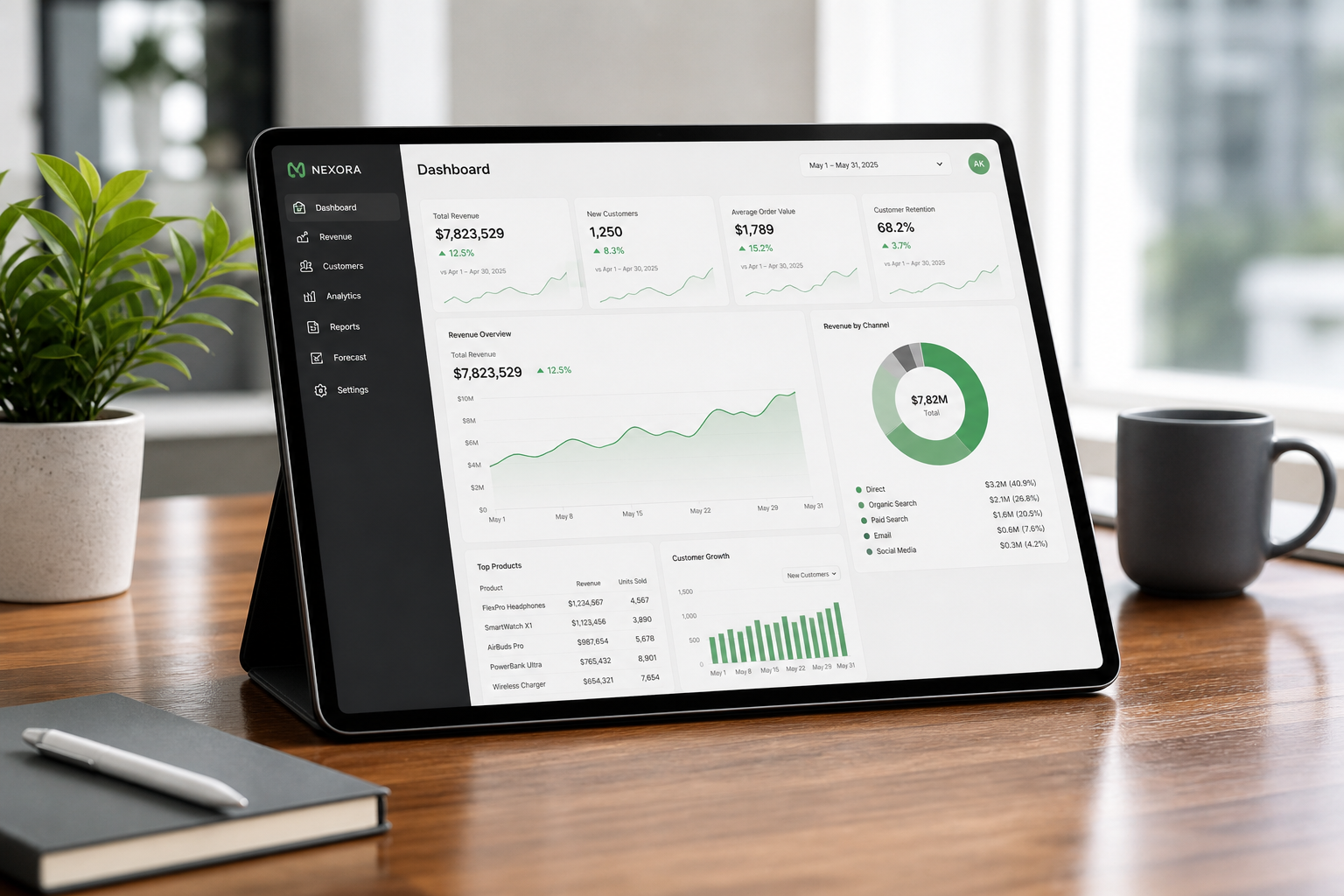 Tablet exibindo gráficos de desempenho comercial e métricas de vendas em dashboard CRM