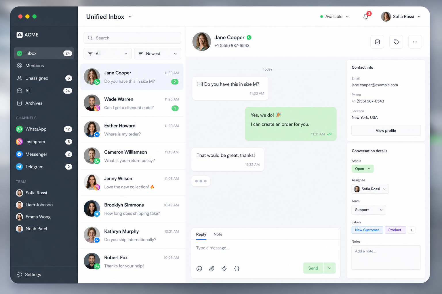 Interface de software omnichannel moderno com WhatsApp e Instagram