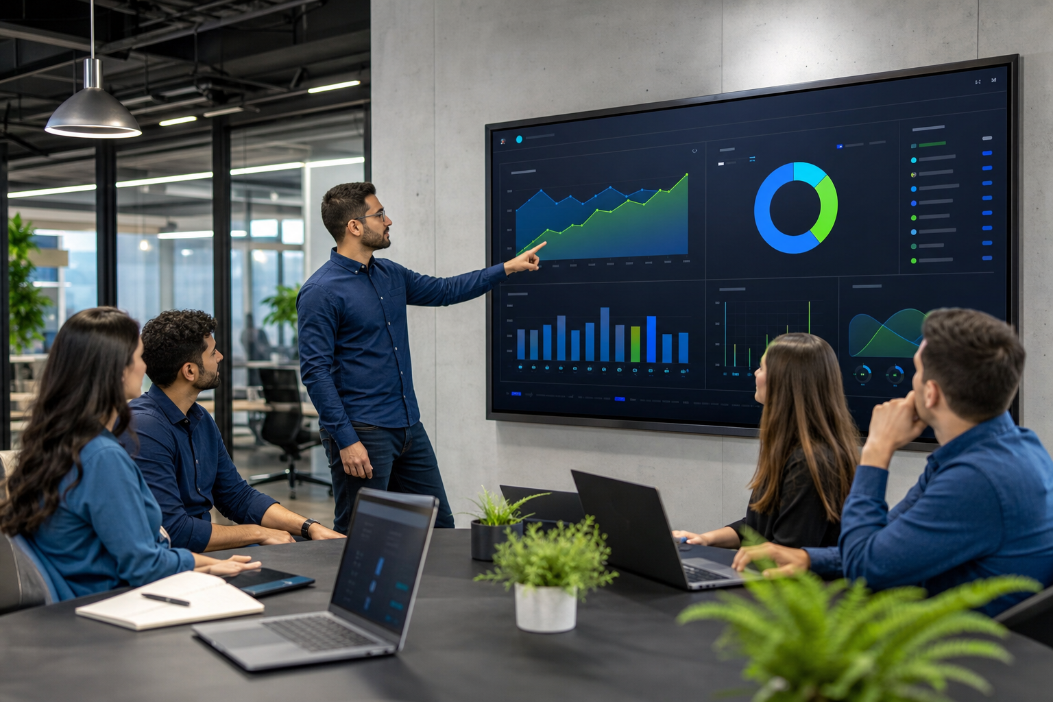 Liderança analisando desempenho da equipe em plataforma corporativa