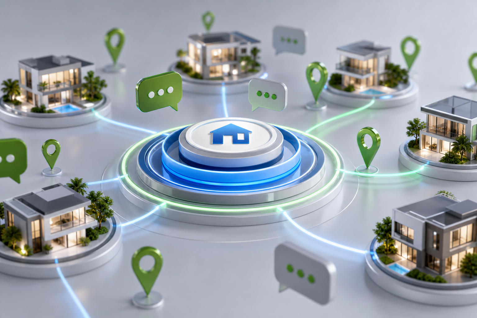 Metáfora visual de convergência de leads no mercado imobiliário