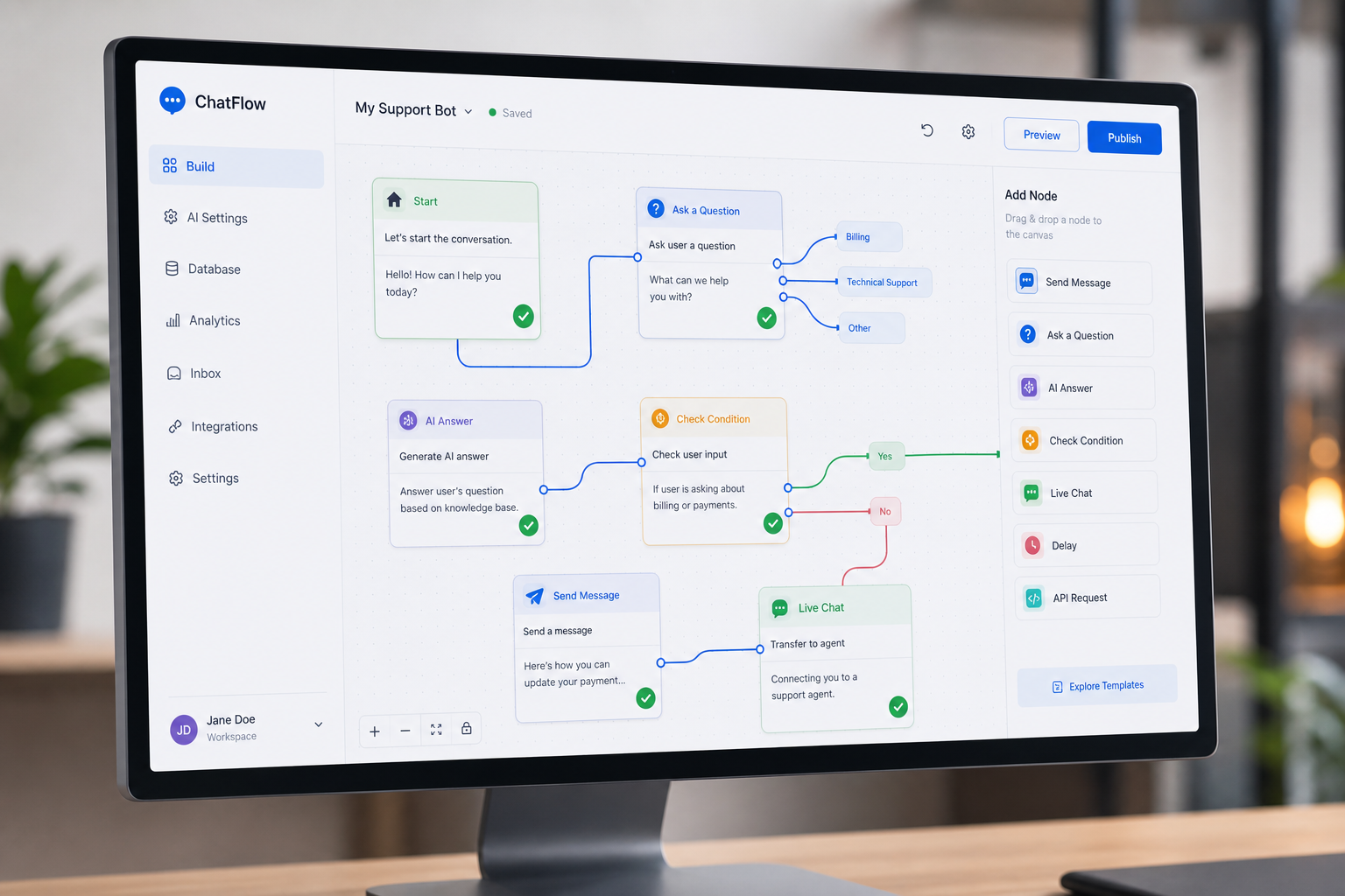 Monitor com interface gráfica de construtor de chatbot drag-and-drop